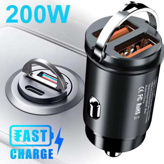 Mini Car Charger – 200W QC3.0 & PD Fast Charging | USB-A + USB-C | iPhone, Samsung, Xiaomi
