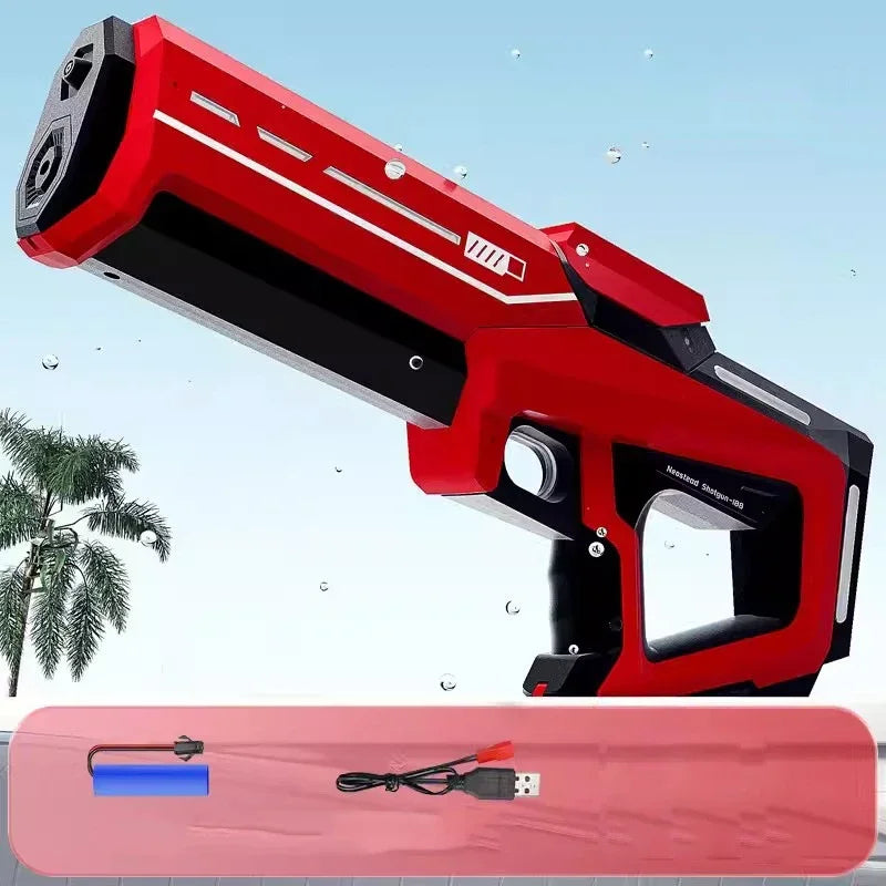 Red and black toy gun with a palm tree and blue sky in the background