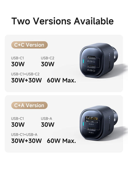 Baseus Car Charger 30W/60W – USB-C PD3.0 Fast Charging, Dual Port for iPhone & Android