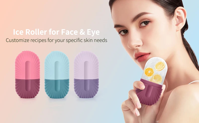 Ice roller for face and eye with customizable recipes for skin needs, held by a woman.