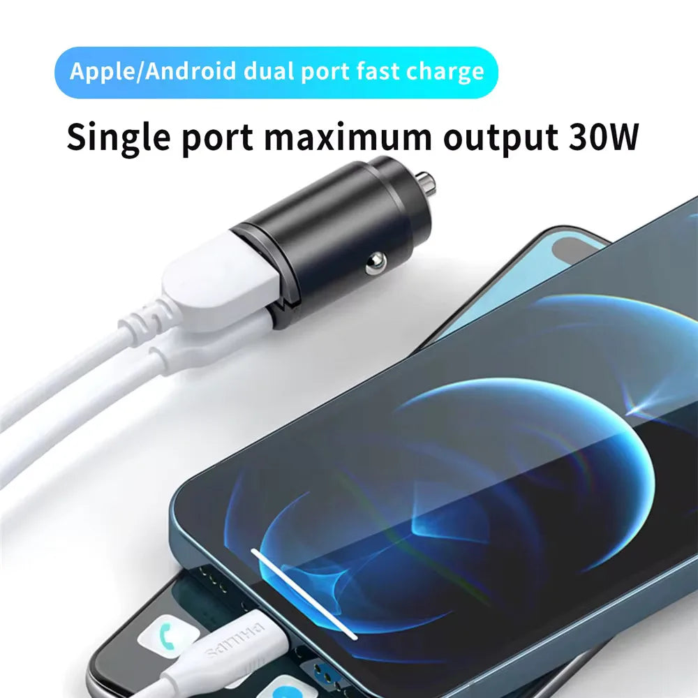 Mini Car Charger – 200W QC3.0 & PD Fast Charging | USB-A + USB-C | iPhone, Samsung, Xiaomi
