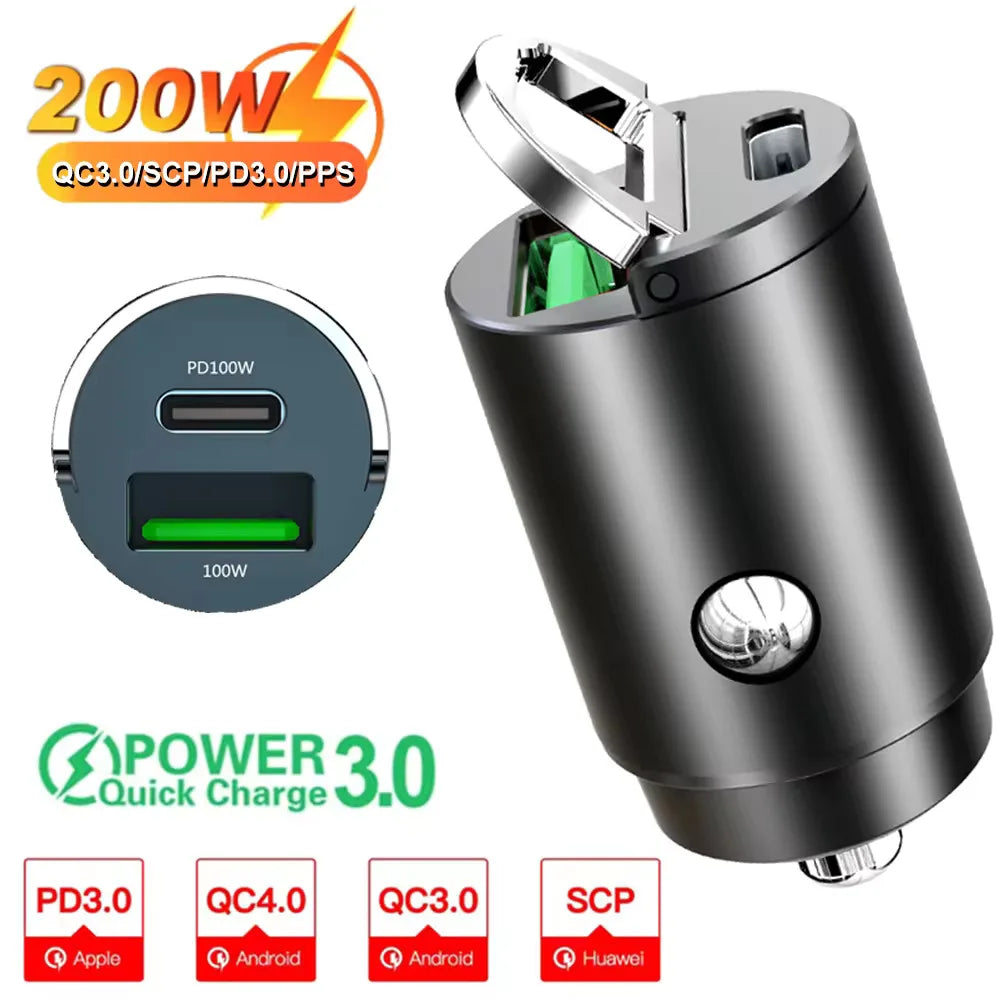 Mini Car Charger – 200W QC3.0 & PD Fast Charging | USB-A + USB-C | iPhone, Samsung, Xiaomi