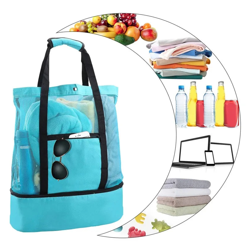 Large Insulated Beach Cooler Tote – Mesh Picnic Bag for Food, Drinks & Towels