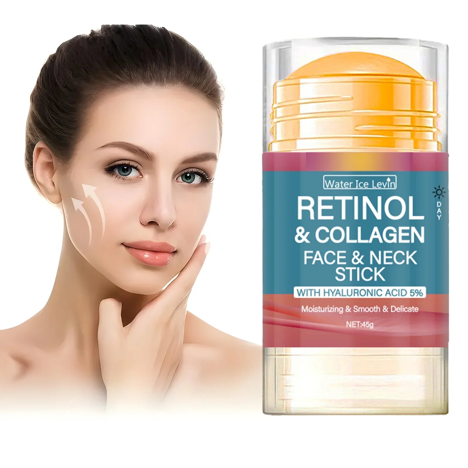 Woman with aRetinol & Collagen Face & Neck Stick on a white background