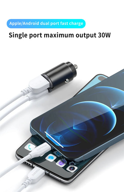 Mini Car Charger – 200W QC3.0 & PD Fast Charging | USB-A + USB-C | iPhone, Samsung, Xiaomi