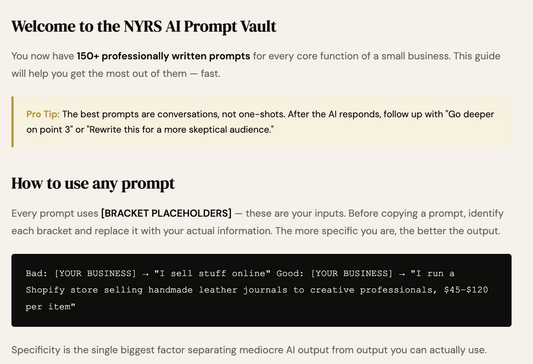 Screen shot of a guide on using AI prompts with bracket placeholders for business descriptions.