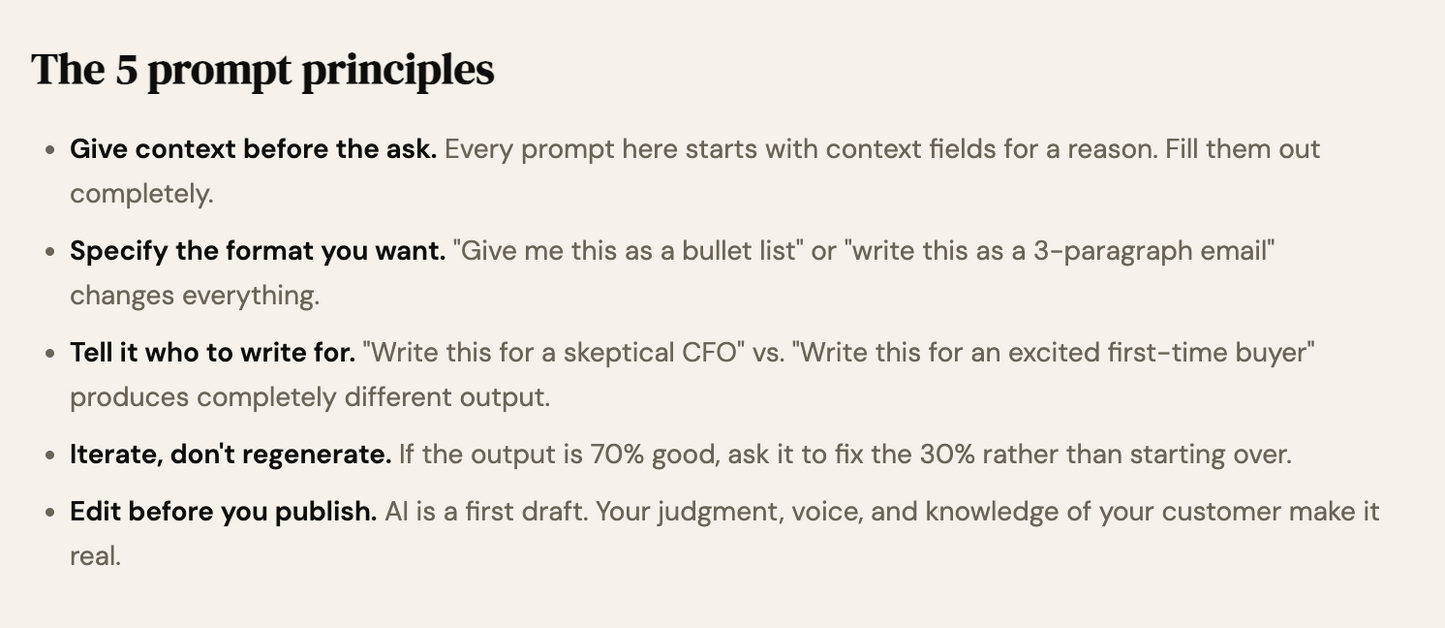 Text on a white background outlining the 5 prompt principles for writing prompts.