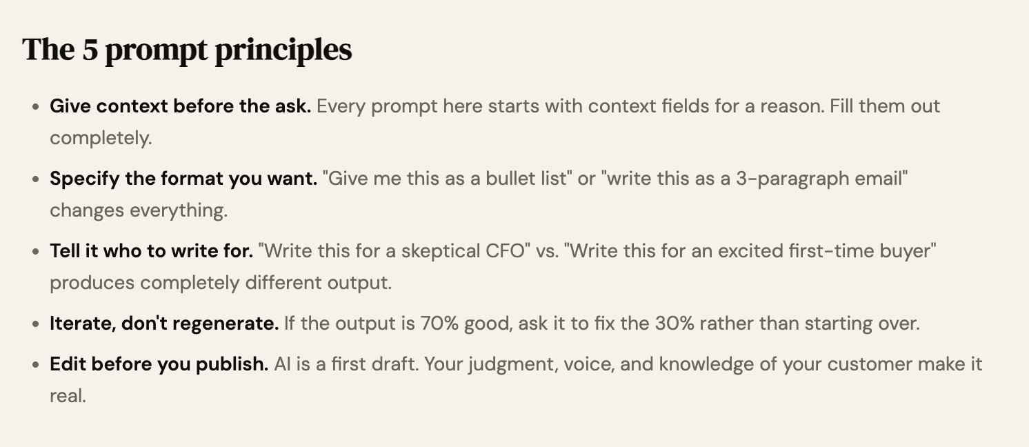 Text on a white background outlining the 5 prompt principles for writing prompts.