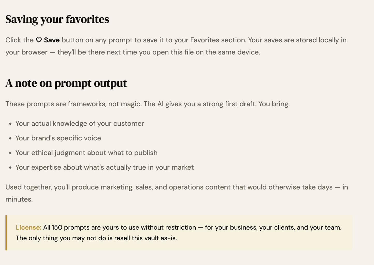 Text explaining saving favorites and prompt output on a white background