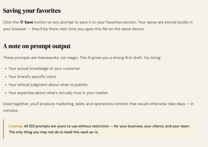 Text explaining saving favorites and prompt output on a white background