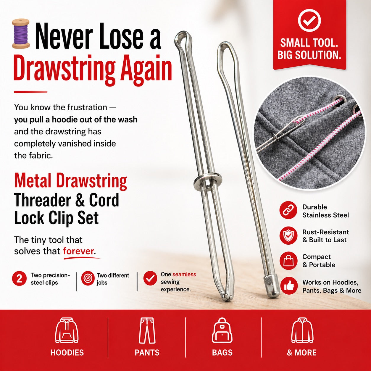 Metal Drawstring Threader & Cord Lock Clip Set – Open & Closed Style
