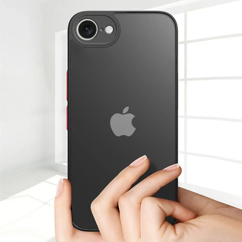 Black phone case with Apple logo held by a hand against a white background