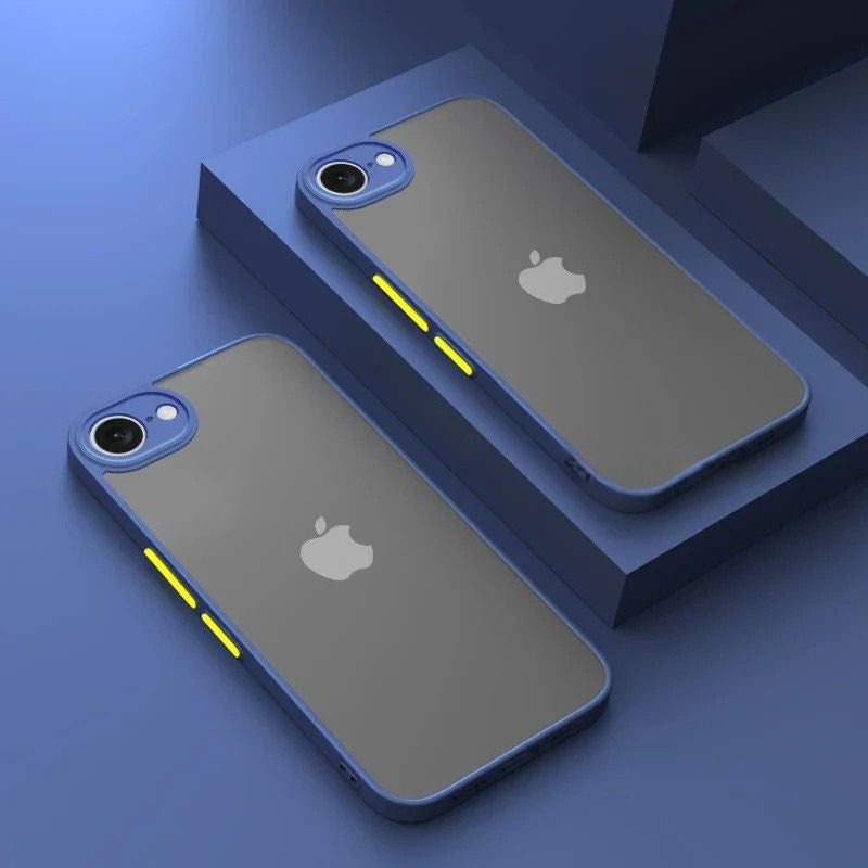 Two phone cases with Apple logo on a blue background