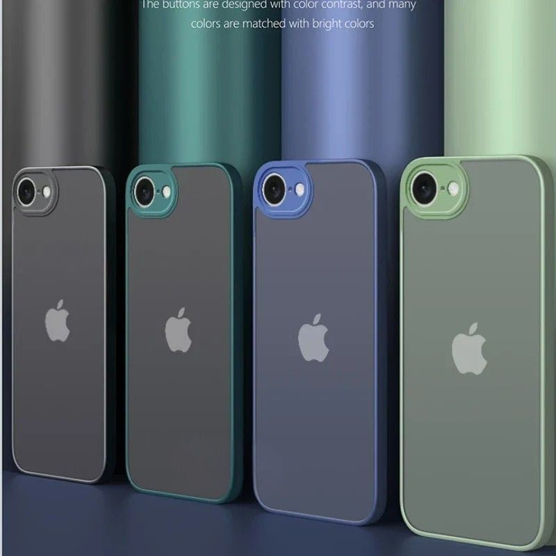 Four phone cases with Apple logo on a gradient background