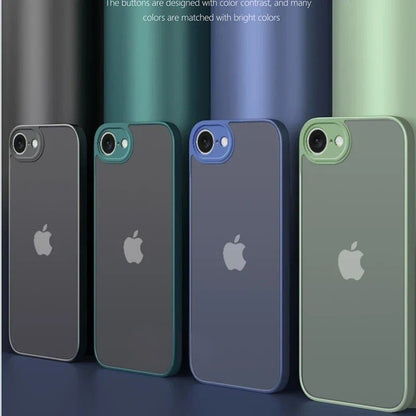 Four phone cases with Apple logo on a gradient background