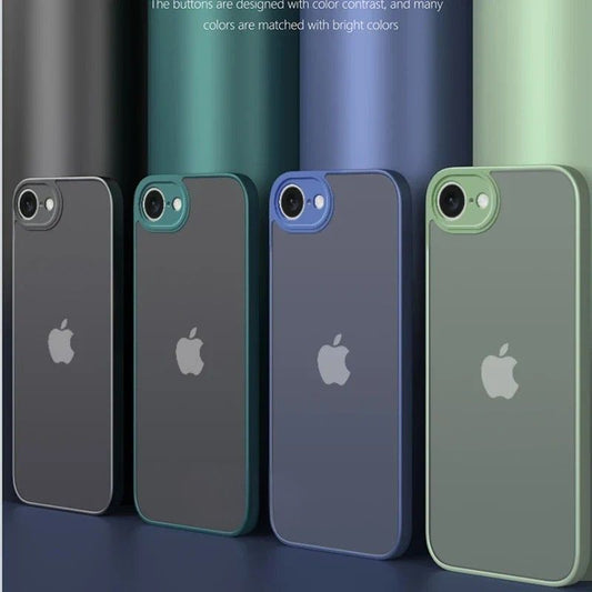 Four phone cases with Apple logo on a gradient background